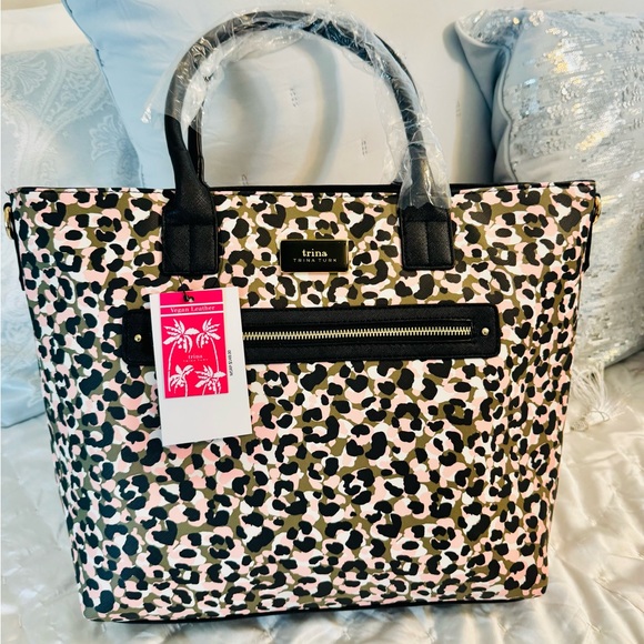 Trina Turk Leopard Print Tote in Pink and Black - Picture 1 of 7